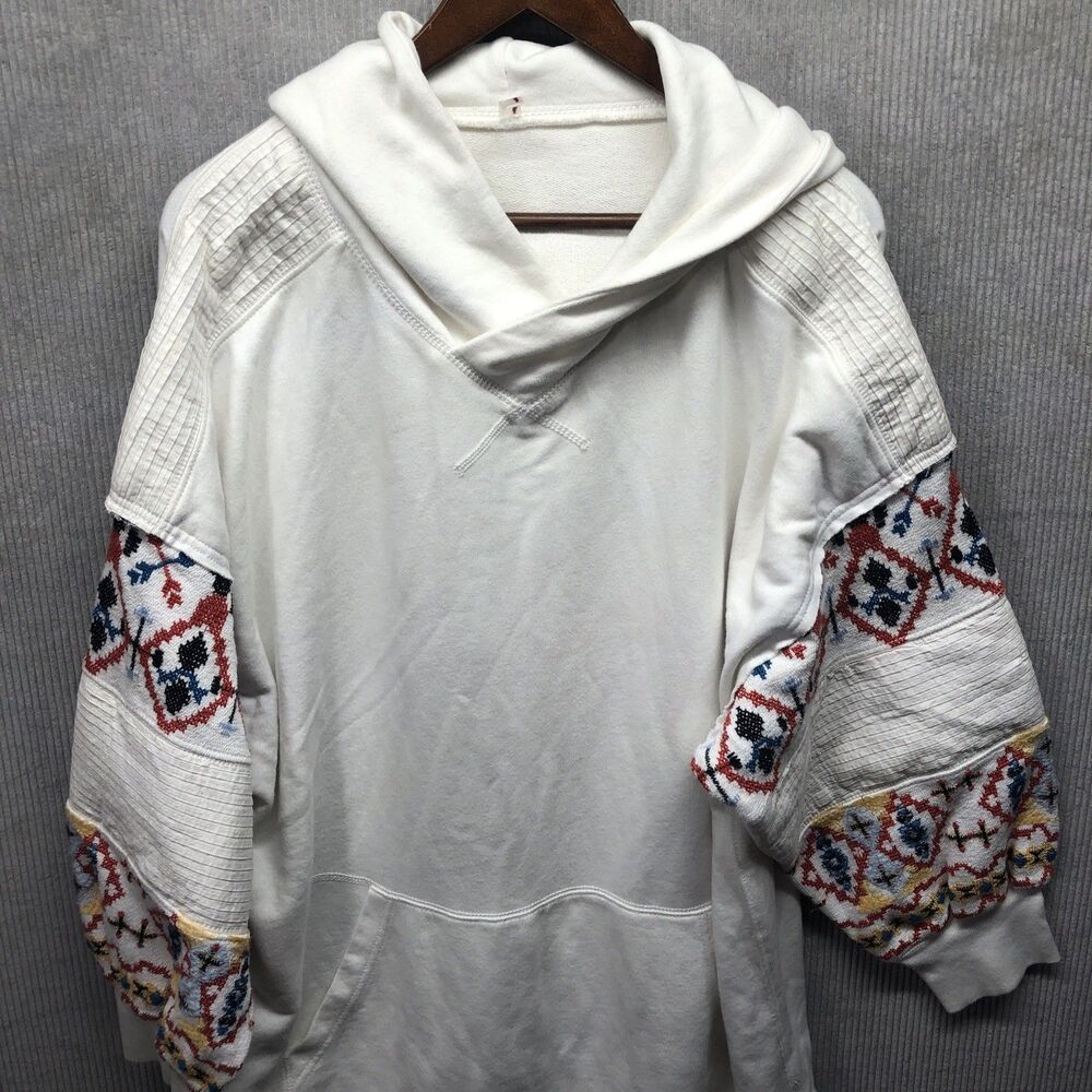 Free People Movement Sweatshirt Size Large Off White Embroidered Kangaroo Pckt